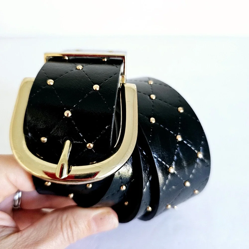 Womens Reversible Black‎ Gold Studded Diamond Belt 40 inches Long - B384.1